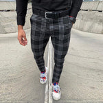 Men's Casual Pants Plaid Social Slim Fit Black Trousers Zipper Mid Waist Skinny Business Office Work Party Male Summer Stretchy