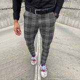 Men's Casual Pants Plaid Social Slim Fit Black Trousers Zipper Mid Waist Skinny Business Office Work Party Male Summer Stretchy