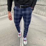 Men's Casual Pants Plaid Social Slim Fit Black Trousers Zipper Mid Waist Skinny Business Office Work Party Male Summer Stretchy