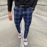 Men's Casual Pants Plaid Social Slim Fit Black Trousers Zipper Mid Waist Skinny Business Office Work Party Male Summer Stretchy